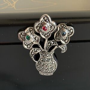 Avon 1995 Just for Spring Marcasite Floral Vase Brooch NIB Rhinestone Silver Pin